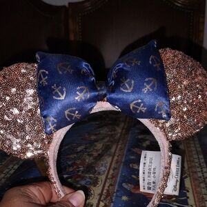 Disney Rose Gold Sequin Minnie Ears with Navy Bow